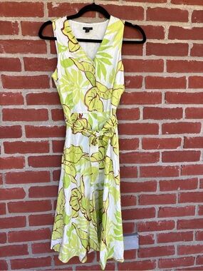 Ann Taylor Factory White and Lime Green Leaf-Print Midi Button Down Dress
